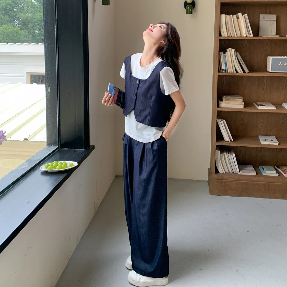 韩系松弛感穿搭套装裤女2025年夏季新款休闲马甲T恤阔腿裤三件套