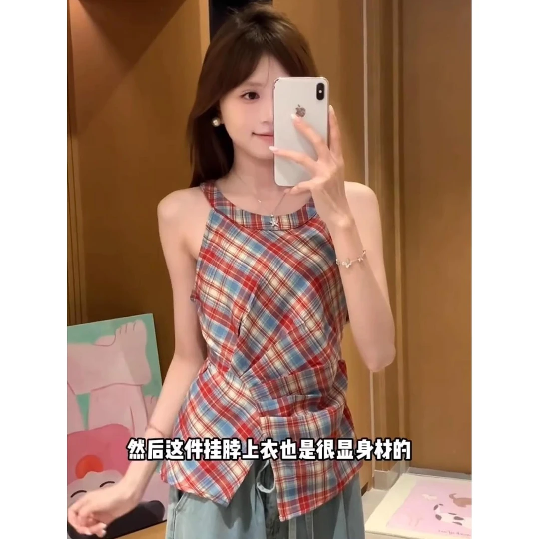 辣妹撞色格纹挂脖背心吊带女夏季甜辣修身显瘦独特绝美无袖小上衣