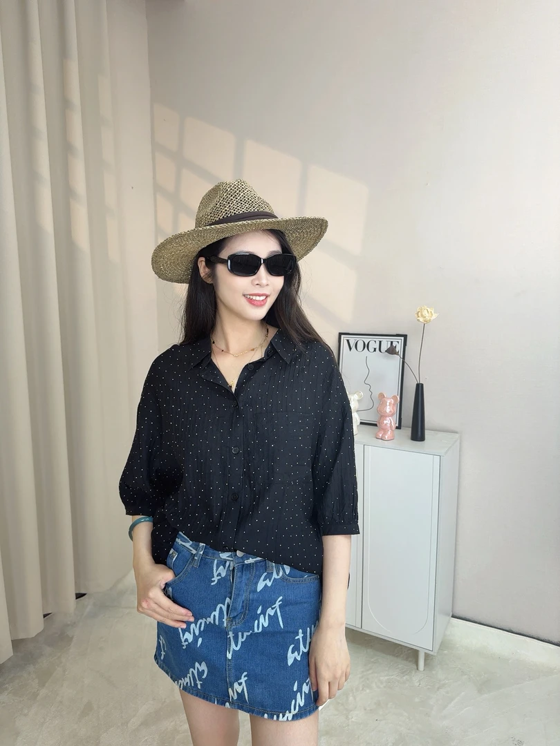 清【高个子私人订制】2025夏季轻奢烫钻polo领中袖衬衫时尚百搭ZB1