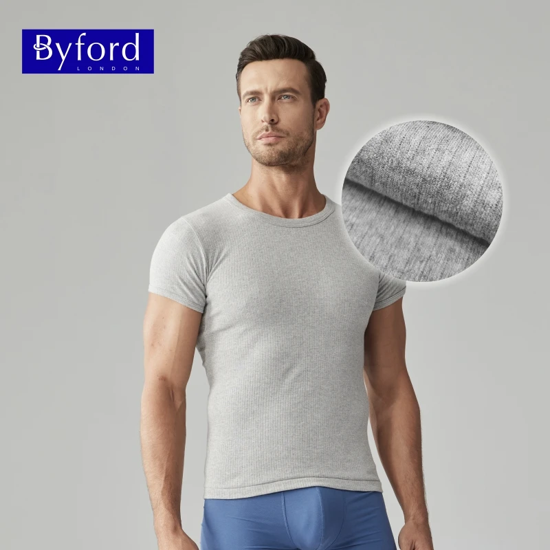 BYFORD/百富夏季新品男士纯棉圆领短袖T恤螺纹打底衫休闲MW8841