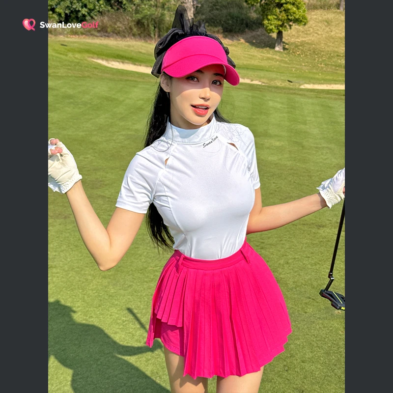 春夏高尔夫女装镂空半高领短袖T恤玫红色显白运动高腰百褶裙女款