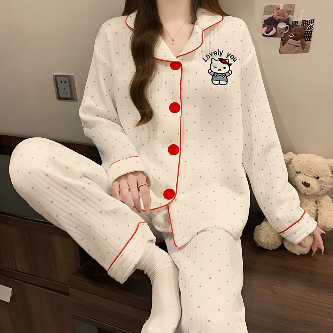 【长袖带胸垫】春秋长袖带胸垫睡衣女可外出卡通时尚学生家居服套装