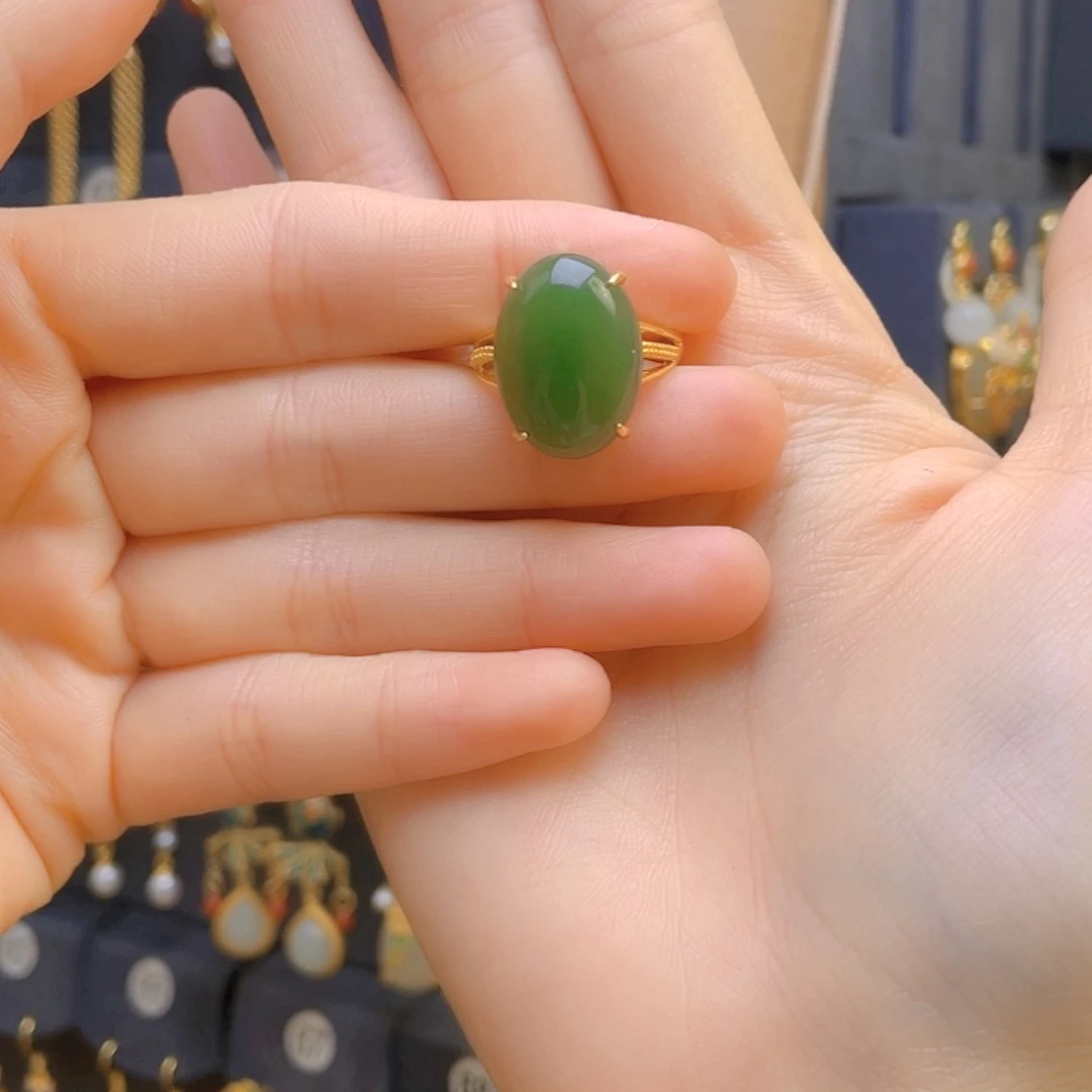 和田玉戒指银S925镀金镶嵌