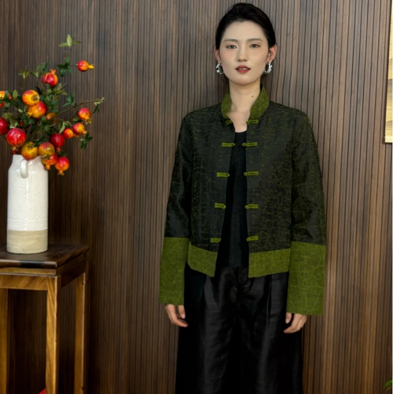 （99105）100桑蚕丝老料龟裂纹香云纱双面穿长袖上衣