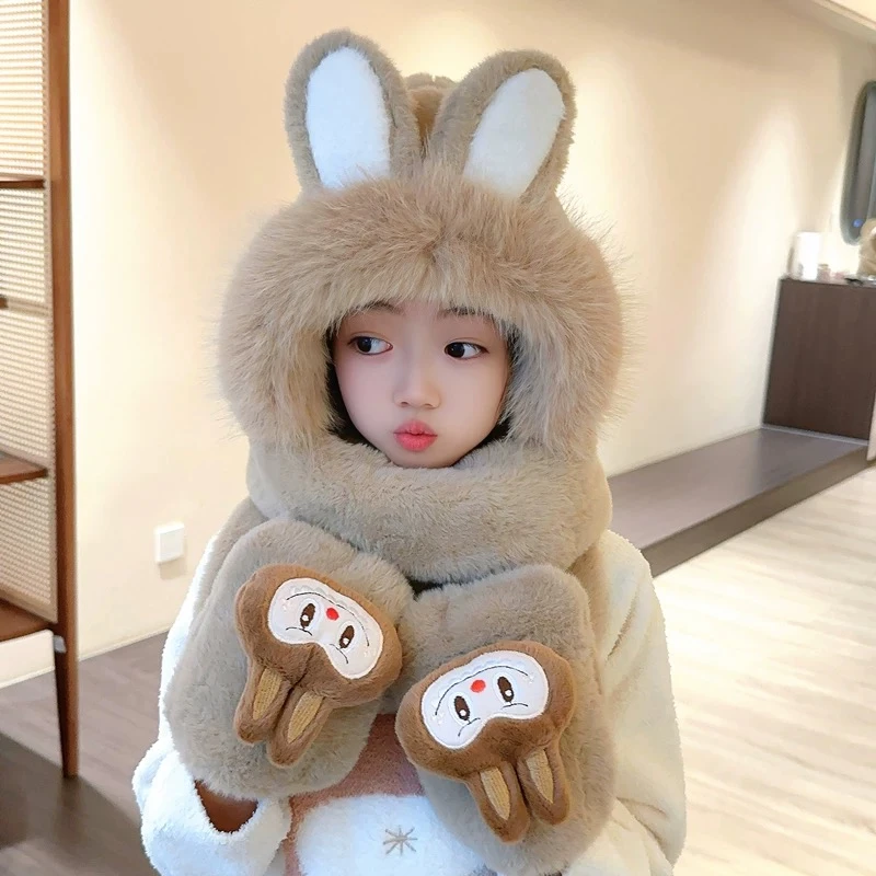 儿童帽子围巾手套三件套冬季毛绒加厚女童一体帽男宝宝防风帽可爱