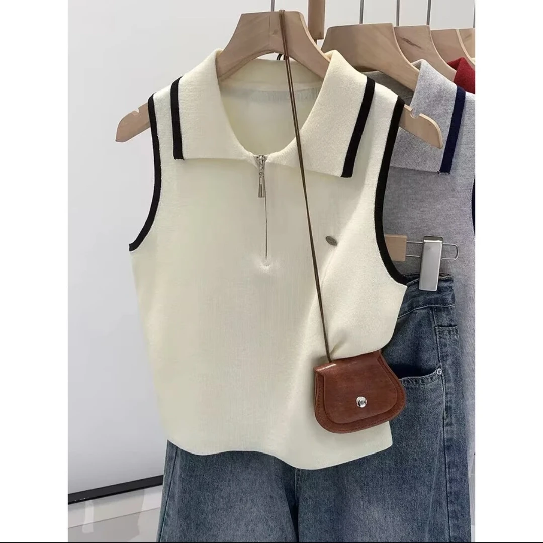 2025春夏娃娃领半开襟拉链撞色针织背心女紧身弹力高腰露脐上衣潮