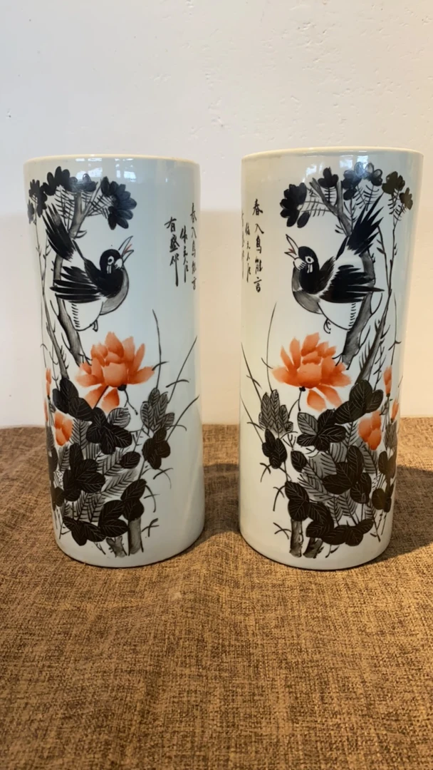 粉彩花鸟纹帽筒一对高28厘米直径12厘米