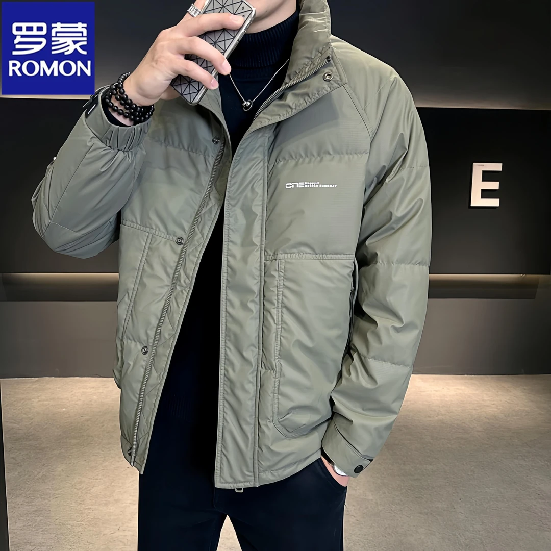 Romon/罗蒙冬季新款免洗羽绒服男士短款潮流立领加厚保暖防寒外套