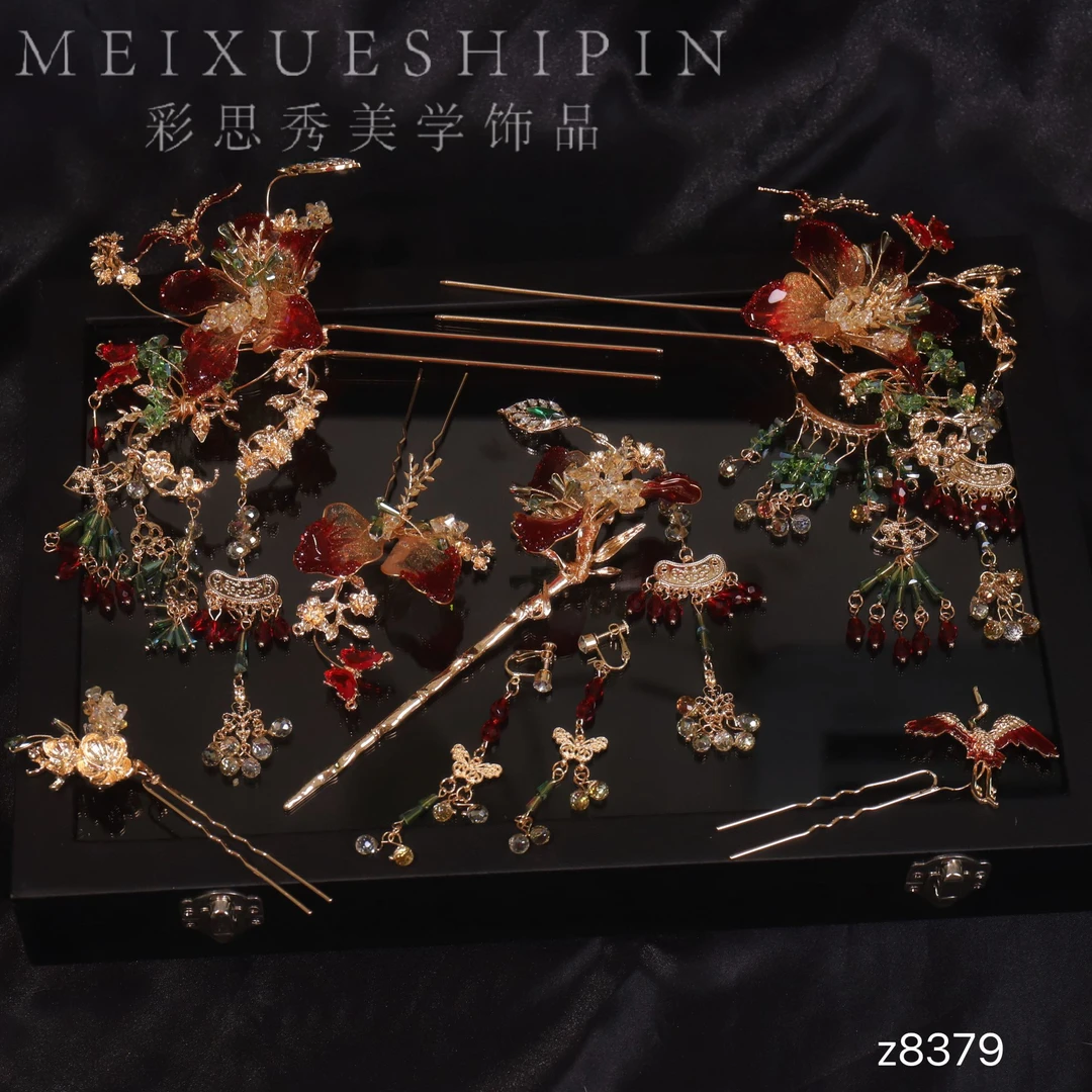 z8379古风简单气质步摇简约红色金色新娘头饰流苏韩式结婚