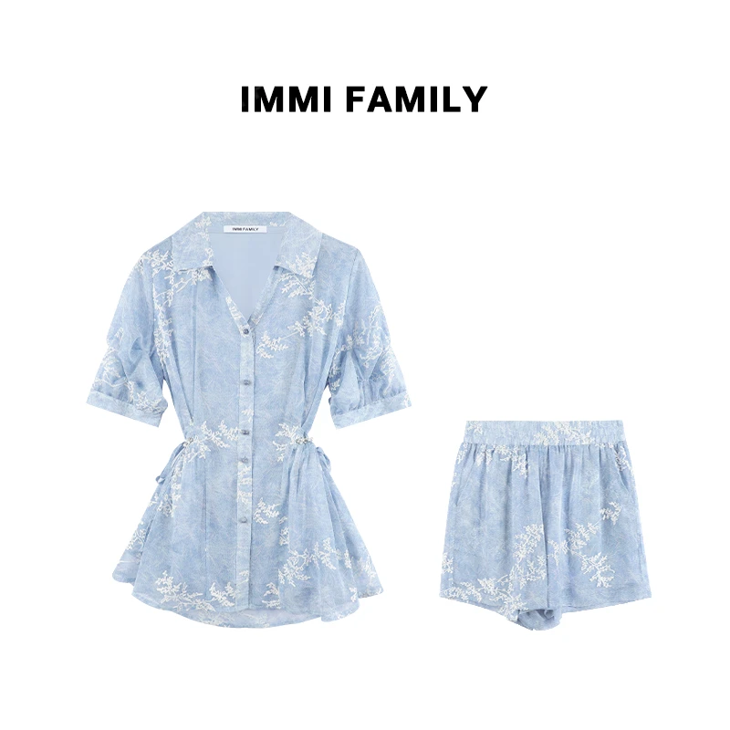 “雾蓝花语”浪漫氛围感度假风气质收腰显瘦提花衬衫短裤时尚套装