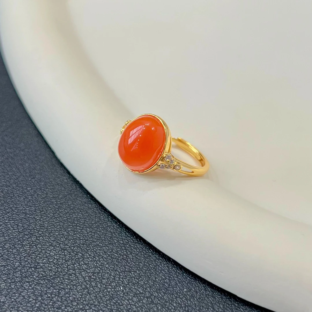 XA01天然高品质南红蛋面925银镶嵌戒指 可调节气质女戒 精致时尚