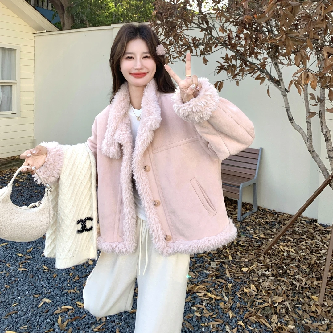 少女粉甜美减龄麂皮绒短外套女2025冬季新款超好看小个子气质上衣