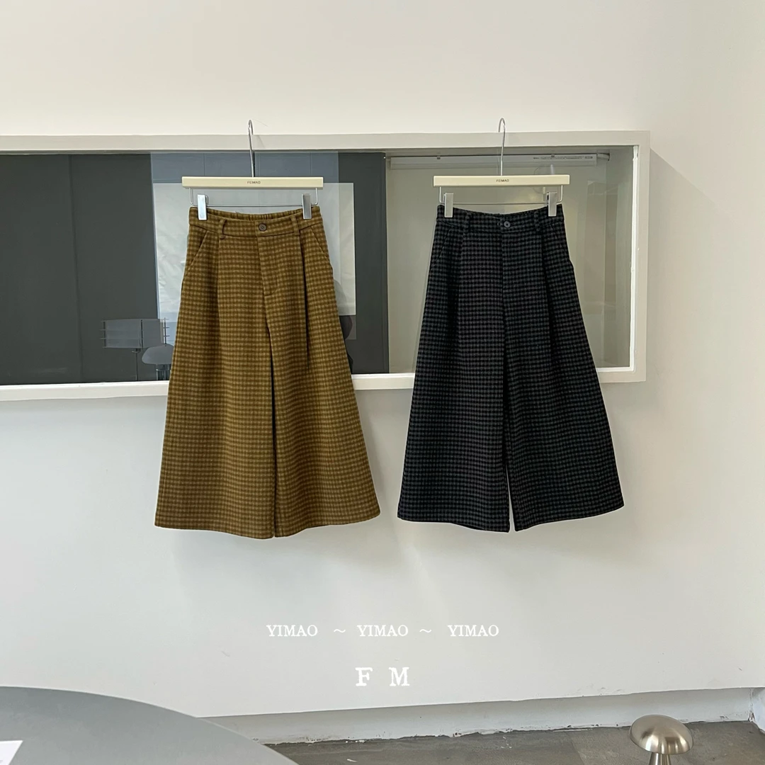 【赵小小yimao】9877 毛呢格子西装高腰垂感直筒八分阔腿裤小个子女