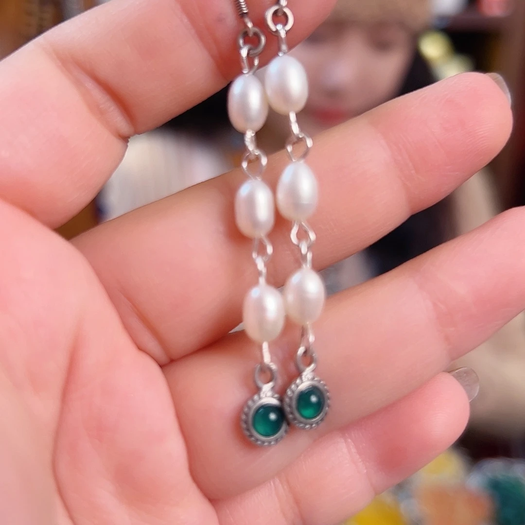 银S925镶嵌淡水珍珠耳饰国风