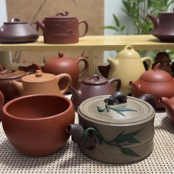定***格紫泥茶壶青段竹节200、送朱泥主人杯、布