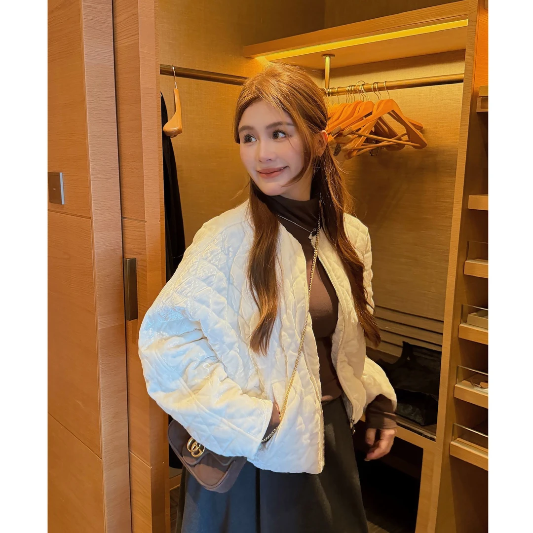 YPP！【冬日雪松】韩系气质简约菱格纹短款丝绒棉服外套