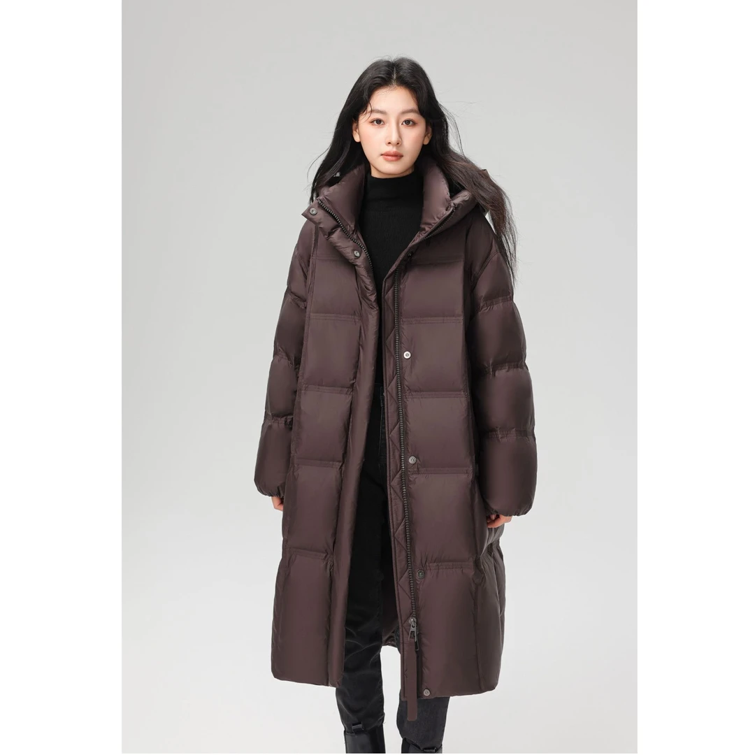 YAYA/鸭鸭羽绒服连帽厚中长款女士宽松女装女款过膝休闲户外