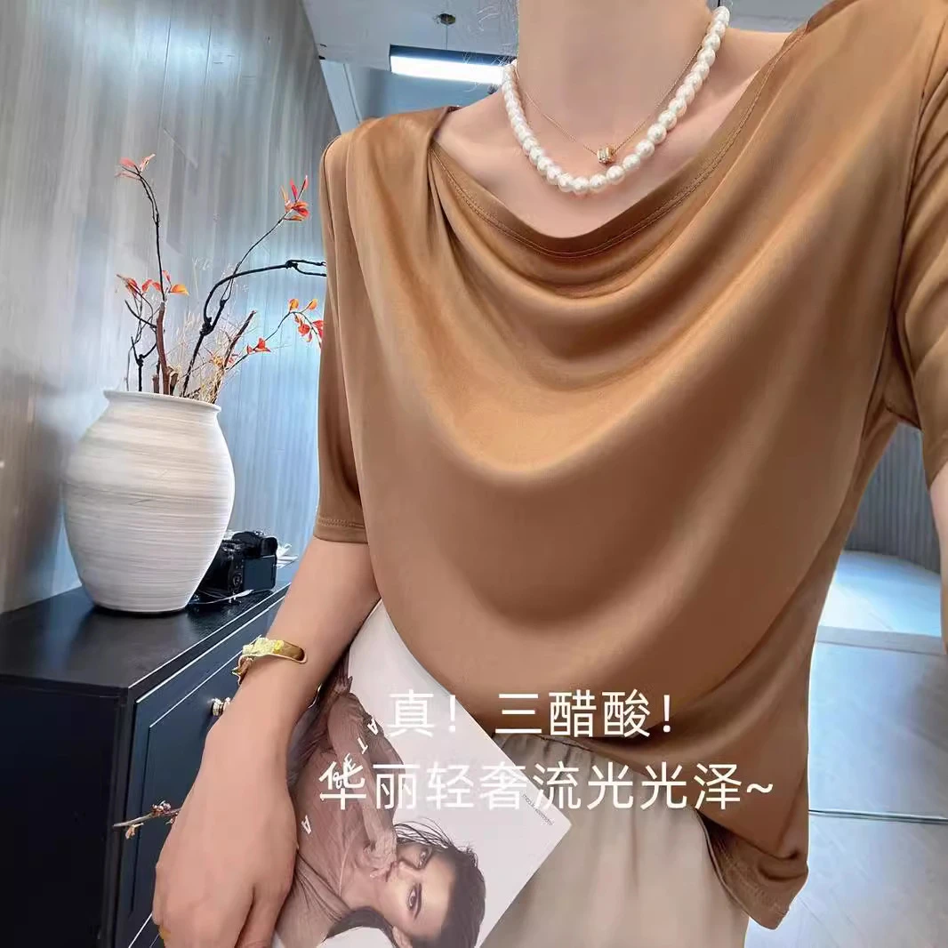 三醋酸纯色一字领薄款T恤女夏季小众设计低领套头半袖上衣女