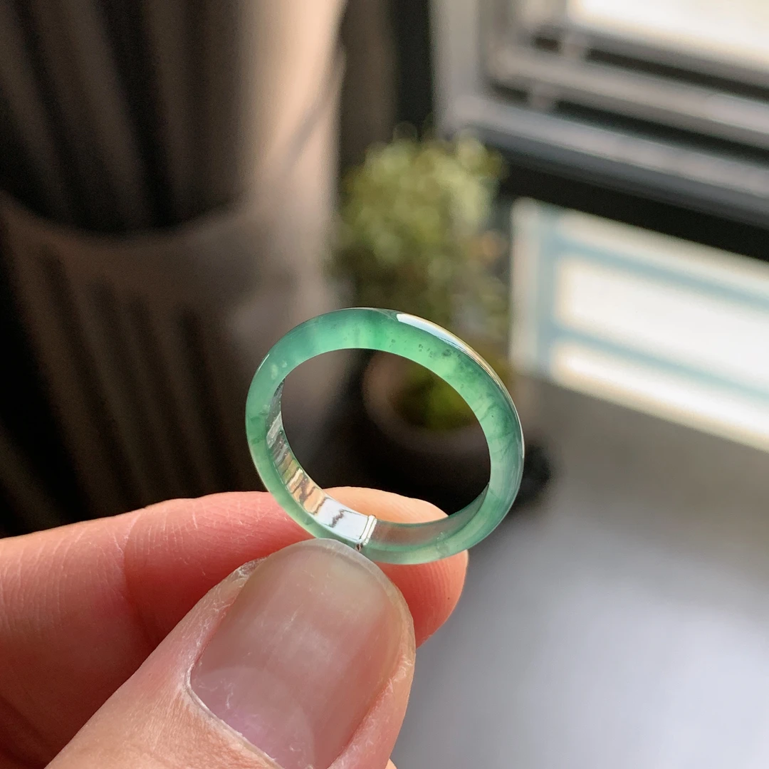 天然A货翡翠 冰种15号冰飘绿花戒指素圈戒圈30800760