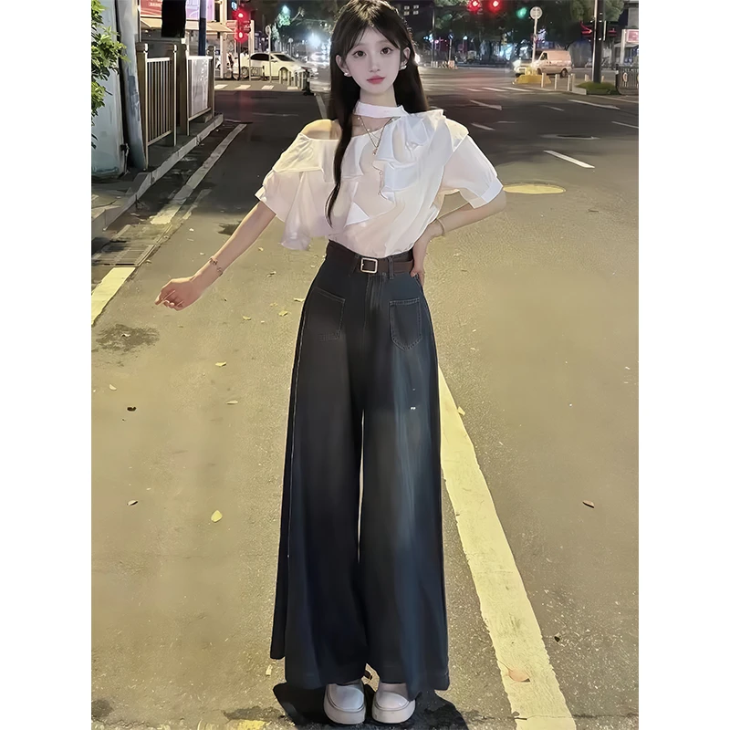 女士夏季新款套装露肩短袖荷叶边不规则衬衫上衣高腰阔腿牛仔裤