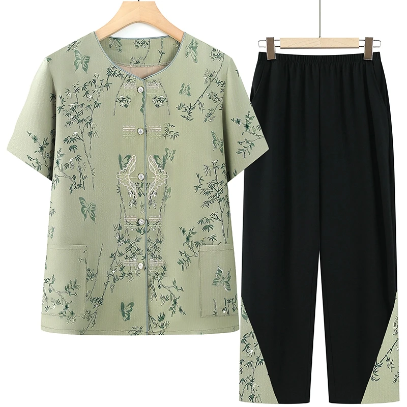 中老年人女装夏季薄款套装大码妈妈装休闲绣花上衣宽松老人两件套