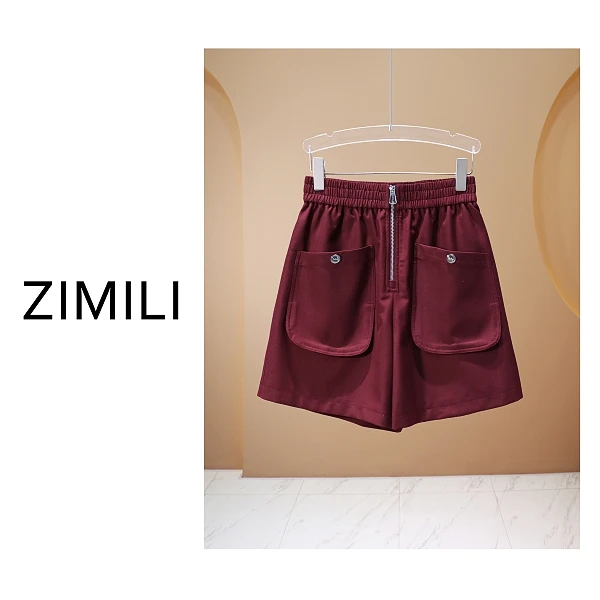 【亮哥女装】夏季红色拉链口袋装饰时尚廓形短裤8019