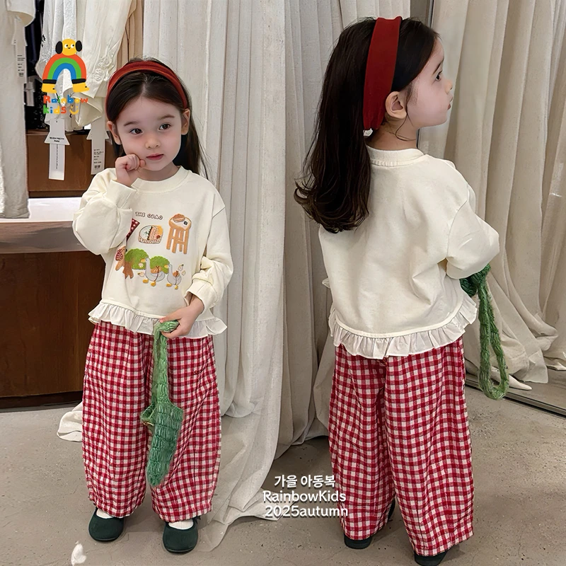 【彩虹家】2025秋款女童韩版卡通拼接花边格子休闲套装-66099