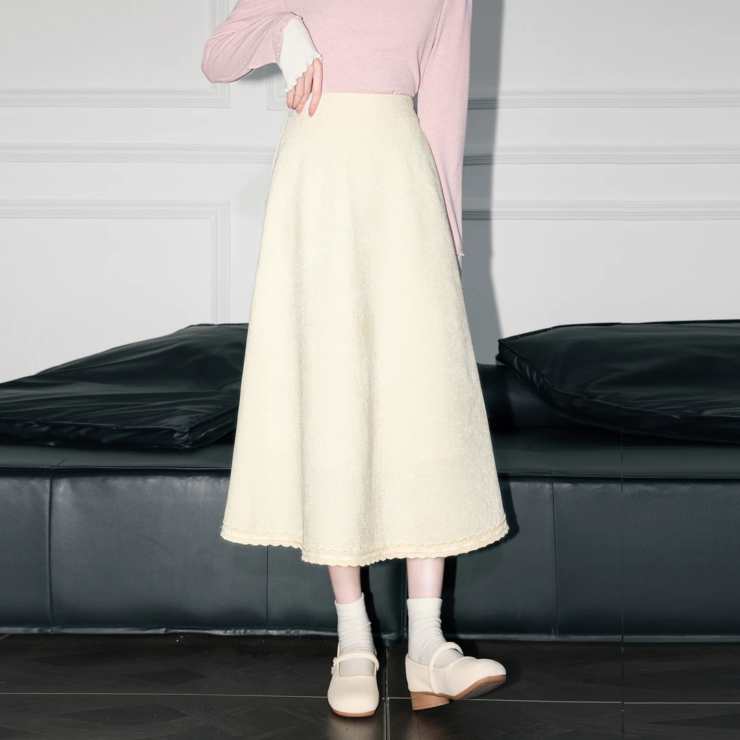 杏色高腰A字半身裙女秋季2025春秋新款法式温柔显瘦伞裙中长裙子