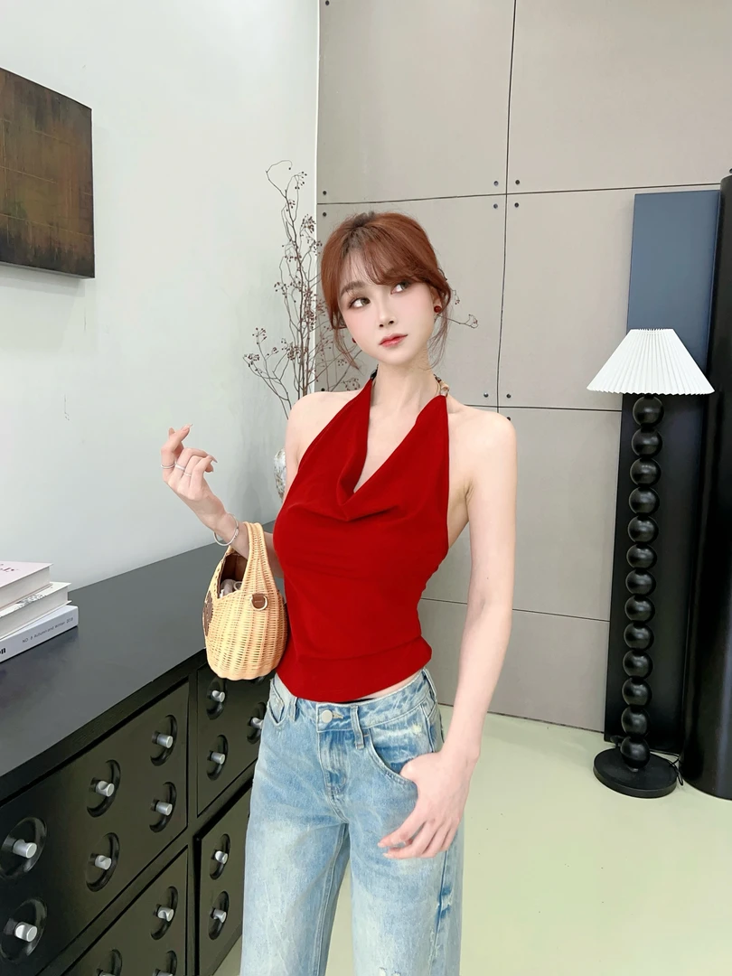 【浮云织梦】荡领挂脖上衣女夏露背设计感小众气质背心