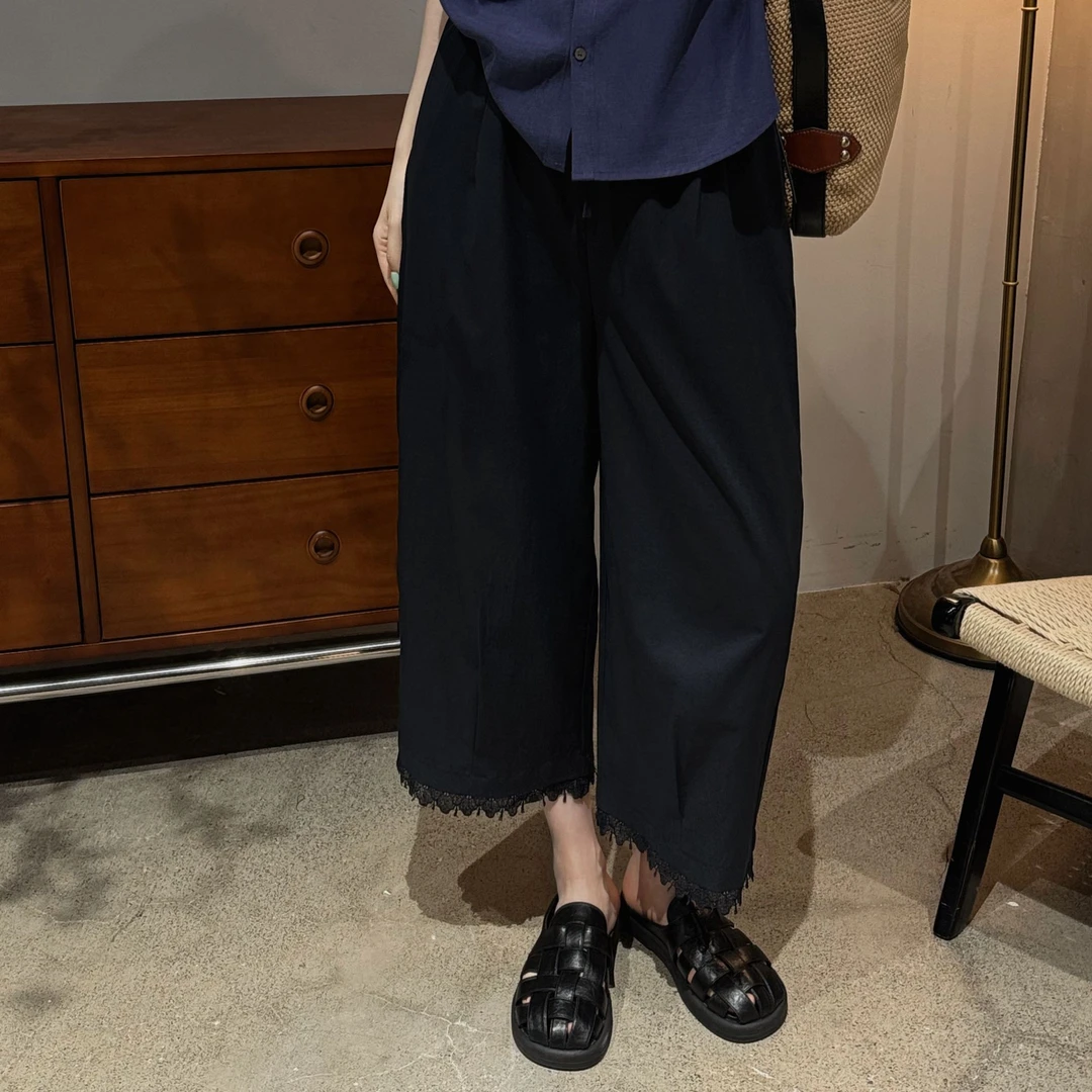 【睫毛蕾丝】韩系休闲时尚百搭宽松蕾丝休闲阔腿裤女-HX259086