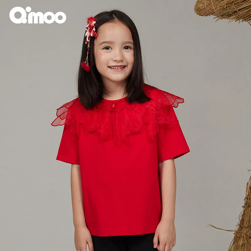 Qimoo/淇木25春季女童洋气纯棉T恤红色新年系列套头衫QSS1TC146A
