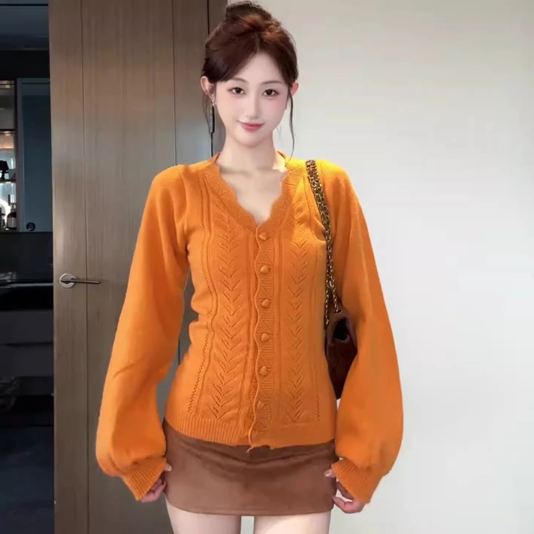 小香风花边v领长袖橘色毛衣女秋季修身显瘦内搭打底针织开衫上衣