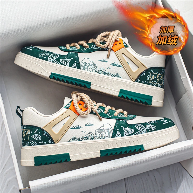 男鞋2025新款秋冬季男生腰果花休闲底板鞋加绒运动工作潮鞋鞋子