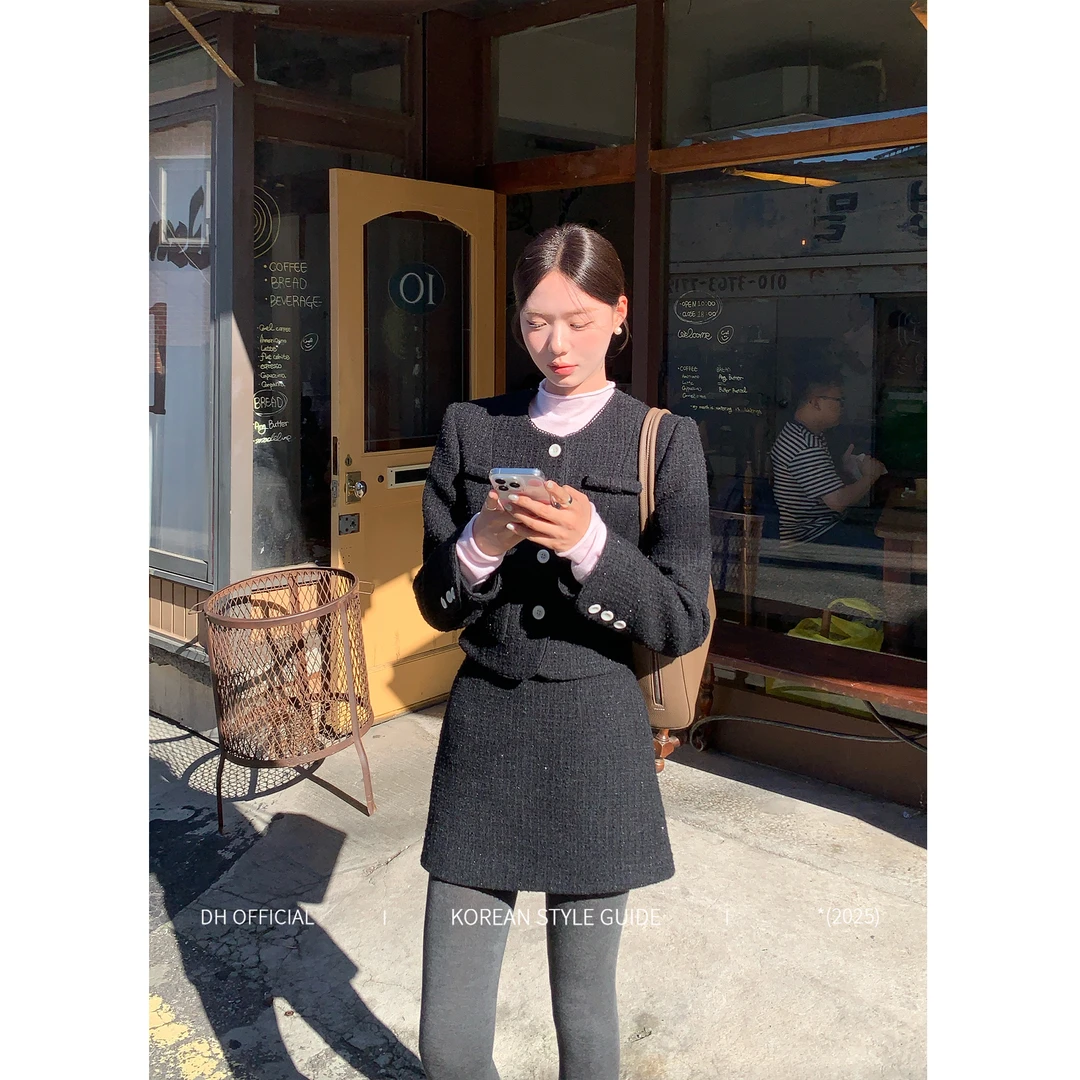 DH OFFICIAL 大花【仁川画廊 gallery】韩系暗格纹优雅小香蝴蝶套装