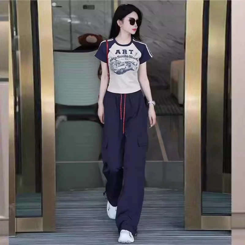 2025夏季新款女士欧货运动服时尚炸街短袖工装阔腿裤休闲两件套潮