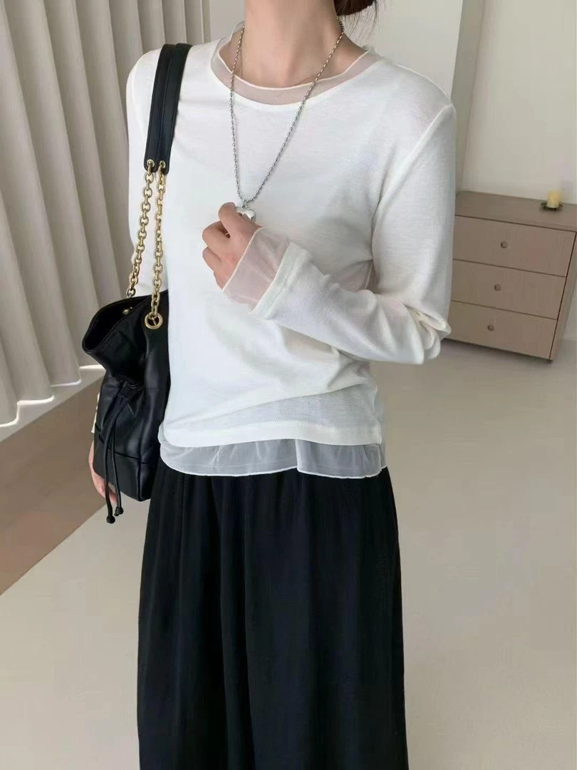 新款韩系网纱拼接显瘦打底衫9159