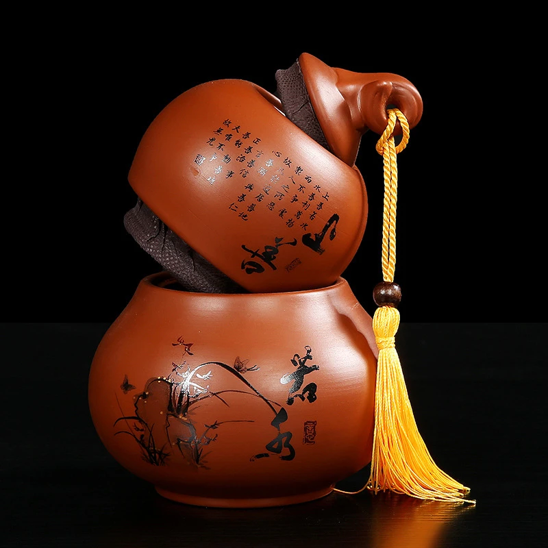 批发精美紫砂茶叶罐 中号双层葫芦密封储物罐LOGO批发