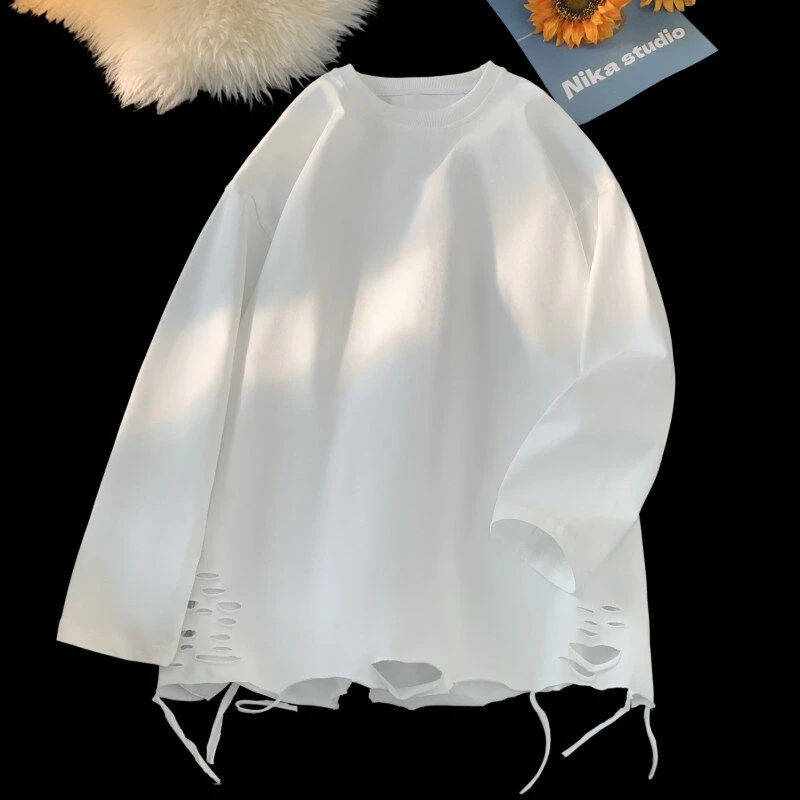 春季新款美式潮流百搭破洞ins风圆领T恤男女同款大码宽松学生长袖