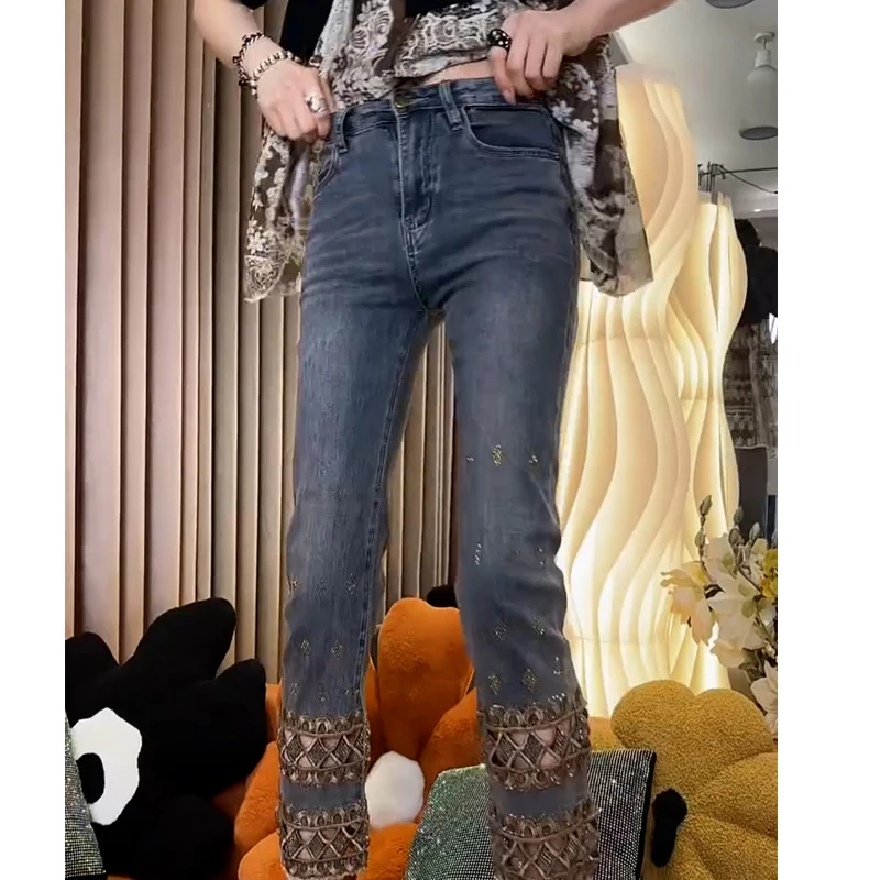 夏季薄款镂空大码直筒牛仔裤女梨形身材高腰显瘦小个子九分烟管裤