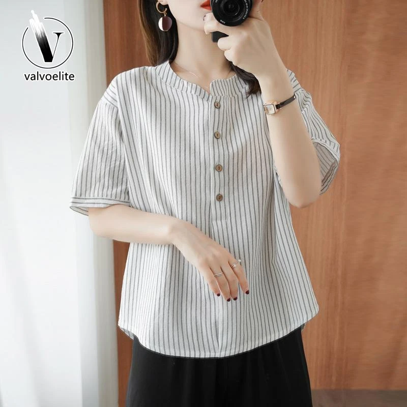 VALVOELITE夏季新款女款竖纹短袖大码女装显瘦洋气贵气减龄T恤衣