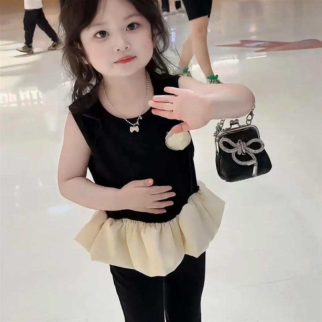 儿童黑天鹅套装女童韩系夏装新款荷叶边拼色背心女宝宝花边微喇裤