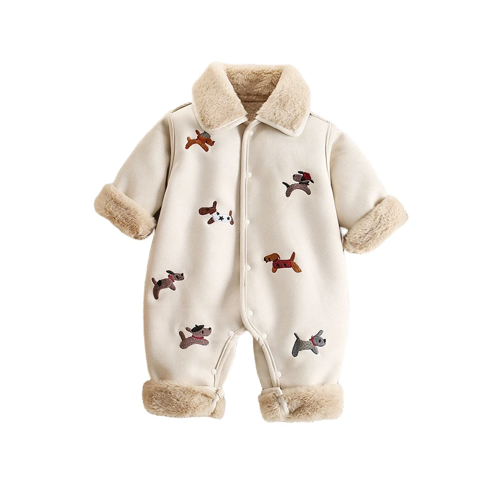 男女宝宝防风加绒超萌卡通香肠狗刺绣爬服婴儿外出服哈衣下游热卖