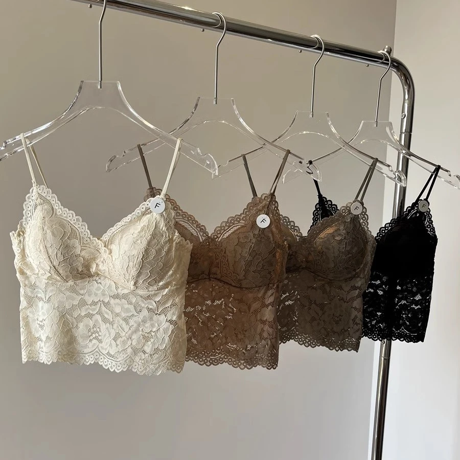 性感蕾丝吊带女带胸垫一体式固定杯美背抹胸打底内搭背心短款上衣