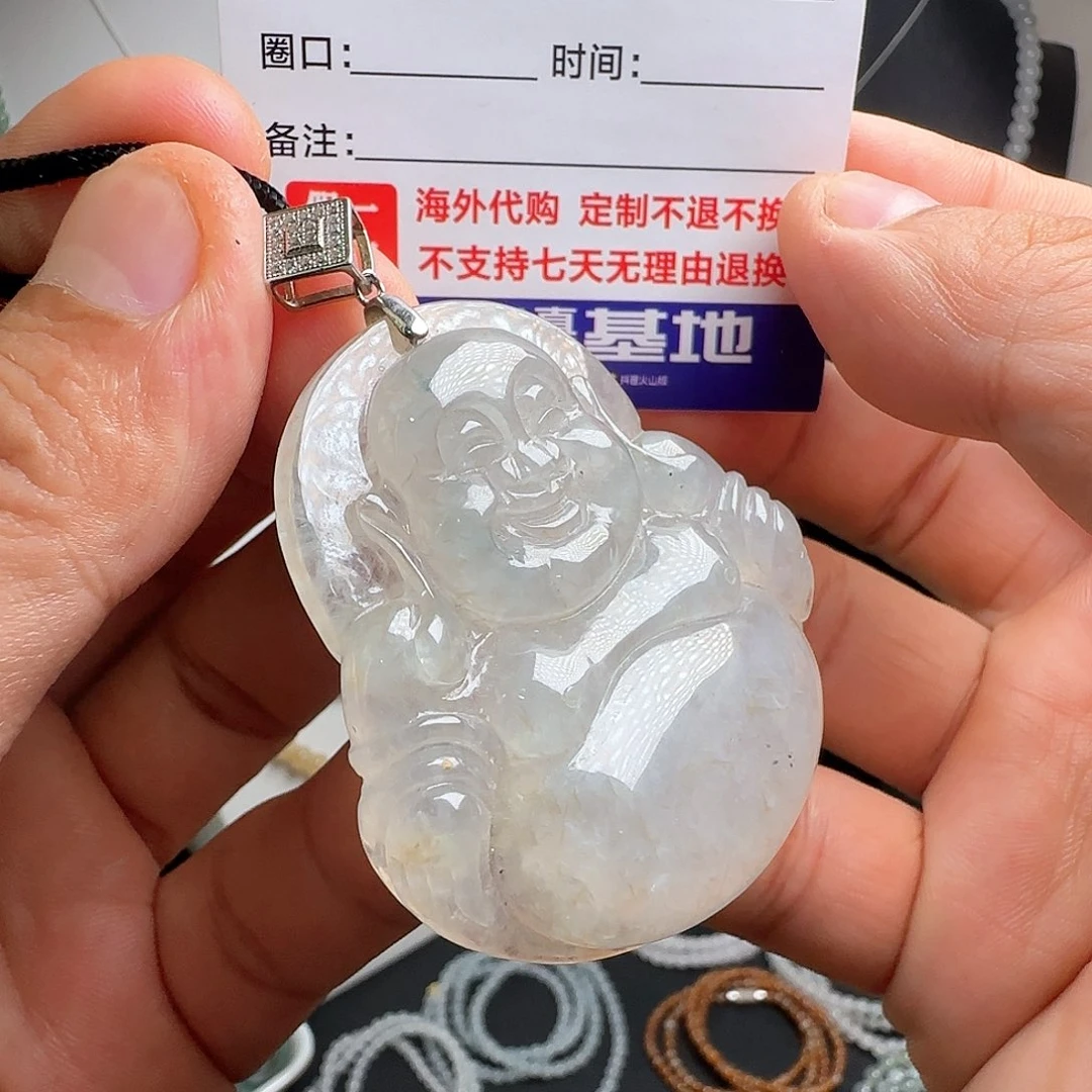 银S925镶嵌定制翡翠白冰大肚佛公