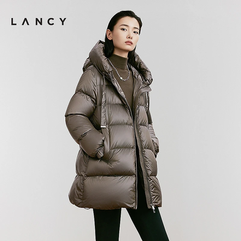 【进口90白鹅绒】LANCY/朗姿24冬新款设计感中长款连帽加厚防风外套
