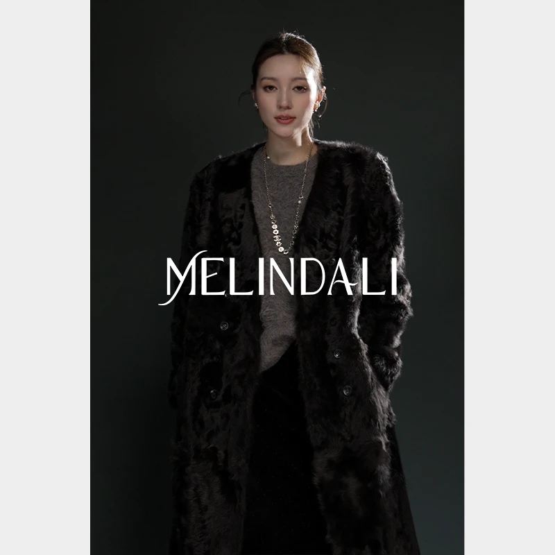 Melinda Li【美入佳境】黑标系列象羔羊毛皮毛一体V领长款皮草外套