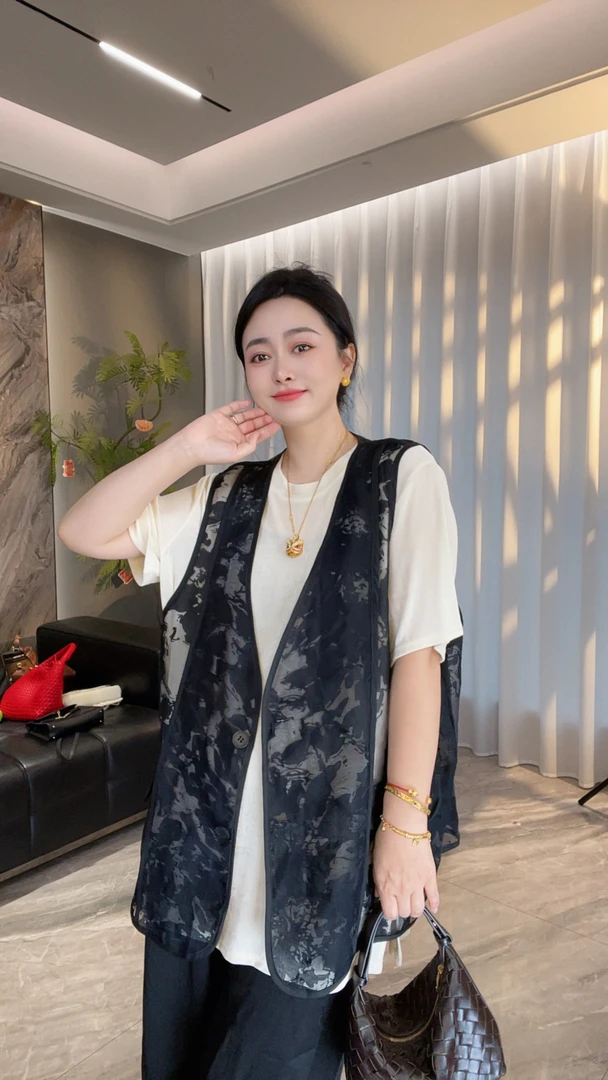 【冲姐】国风V领提花扭扣女大码新中式夏季叠穿无袖马甲753