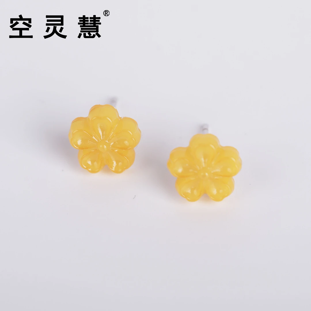 0572 五瓣花蜜蜡/耳针S925银/耳钉