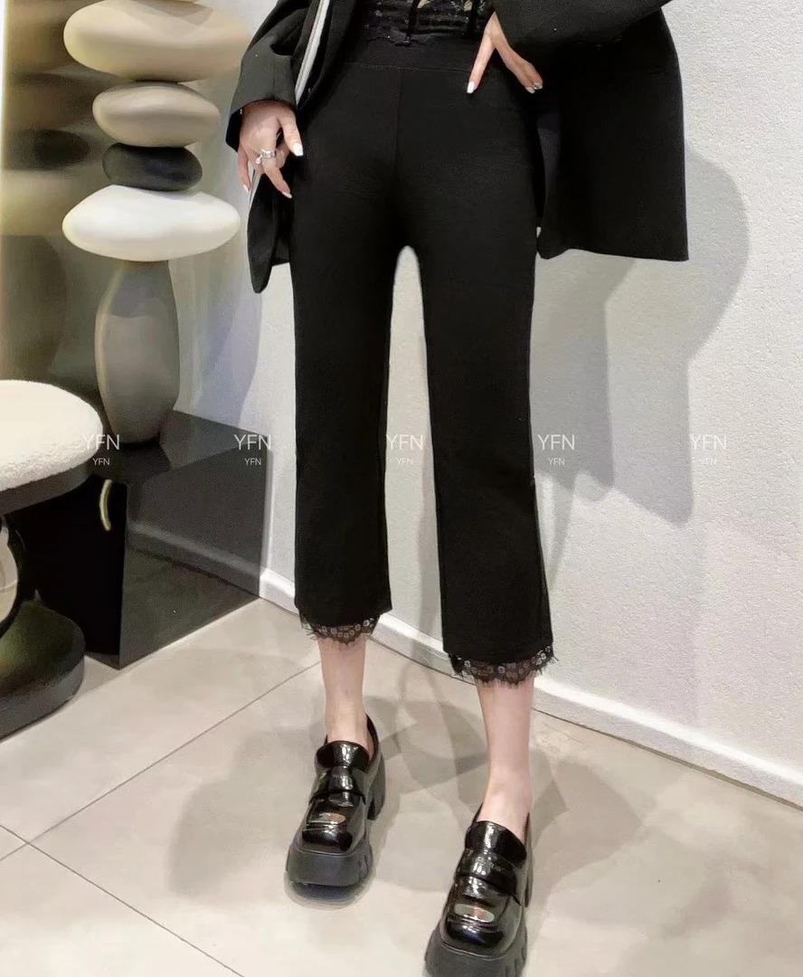 欧货蕾丝花边微喇裤女2025春夏新款百搭显瘦小个子九分休闲喇叭裤