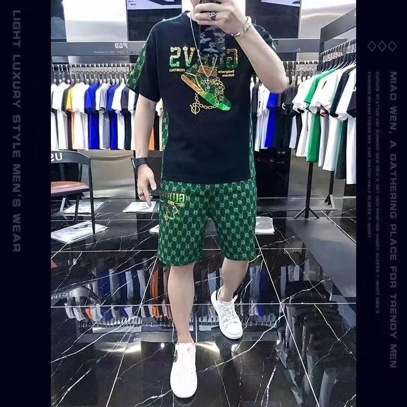 KARME MAJE欧洲站男士夏季T恤短袖短裤潮流套装2025新款印花两件